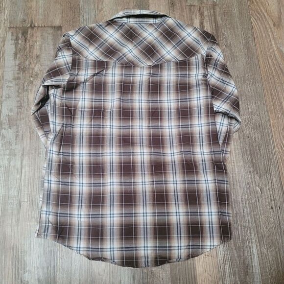Ely Cattleman Shirt youth Boys Size Medium Pearl Snap Brown Plaid Western - Picture 4 of 5